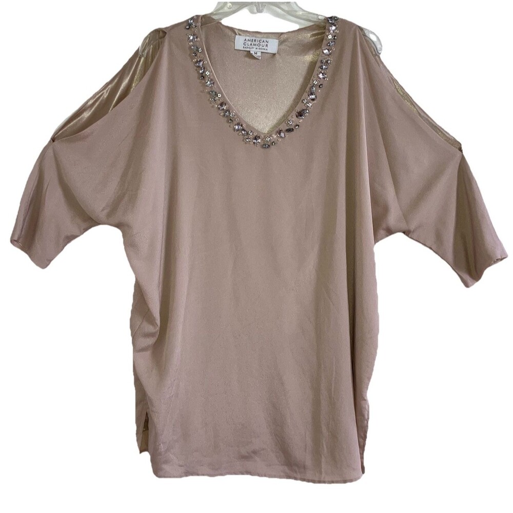 BADGLEY MISCHKA M Cold Shoulder Rhinestone Tunic Top Neutral Beige Evening